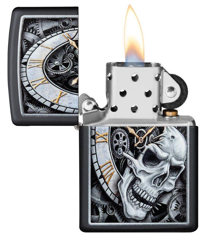 Зажигалка ZIPPO Skull Clock с покрытием Black Matte, латунь/сталь, чёрная, матовая, 36x12x56 мм_1