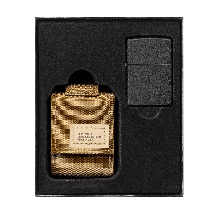 Набор ZIPPO: чёрная зажигалка Black Crackle® и коричневый нейлоновый чехол, в подарочной коробке_1