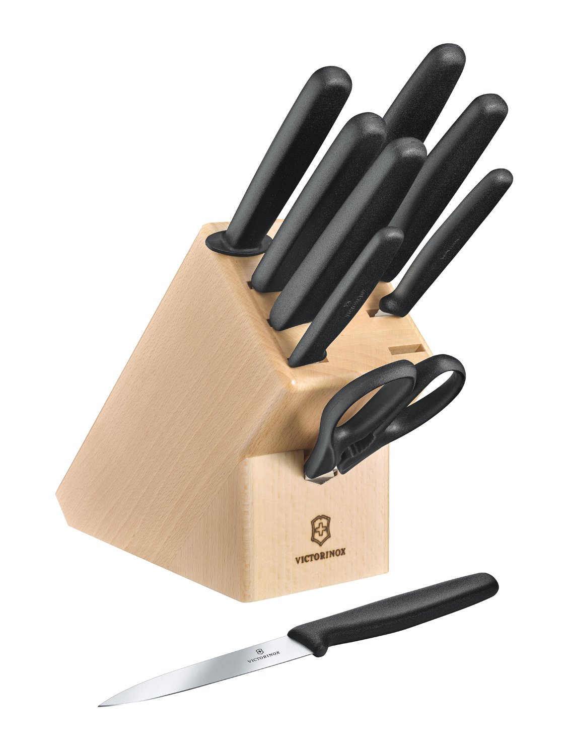 Набор из 9 столовых приборов VICTORINOX: 6 ножей, вилка д/мяса, ножницы, мусат, в буковой подставке_1