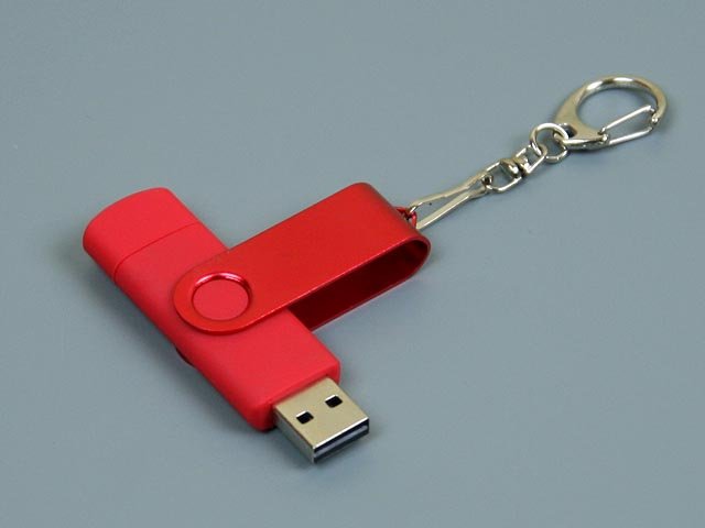 OTG031 Флеш-накопитель поворотный механизм, c дополнительным разъемом Micro USB, с  металлическим клипом в цвет корпуса, красный_1