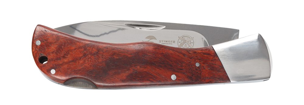 Нож складной Stinger, 104 мм (серебристый), рукоять: сталь/дерево (серебр.-корич.), коробка картон_1