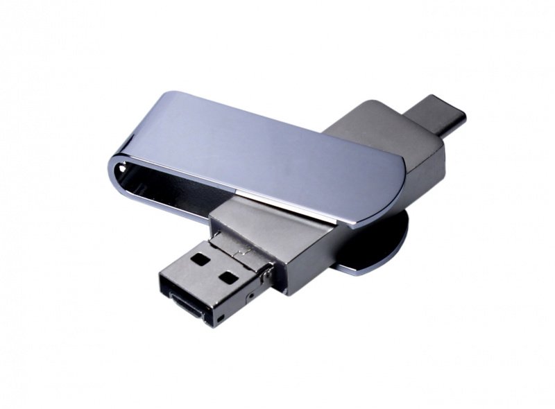 OTG235 Флеш-накопитель поворотный механизм, c дополнительным разъемом Micro USB с одноцветным металлическим клипом, серебро
