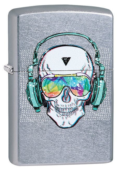 Зажигалка ZIPPO Skull Headphone с покрытием Street Chrome™, латунь/сталь, серебристая, 36x12x56 мм