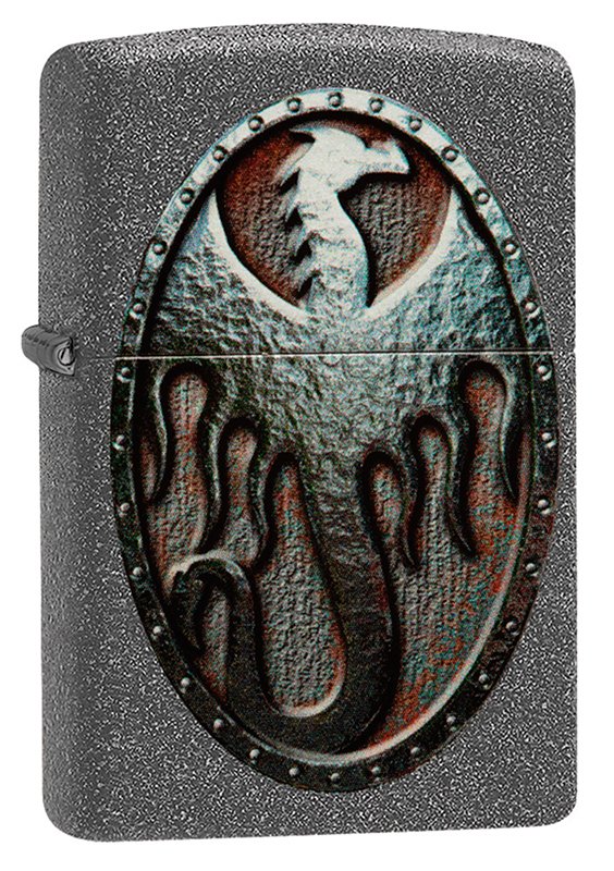 Зажигалка ZIPPO Metal Dragon Shield Design с покрытием Iron Stone™, латунь/сталь, серая, 36x12x56 мм