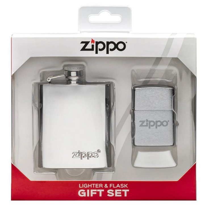 Подарочный набор ZIPPO: фляжка 89 мл и зажигалка, латунь/сталь, серебристый, в коробке с подвесом
