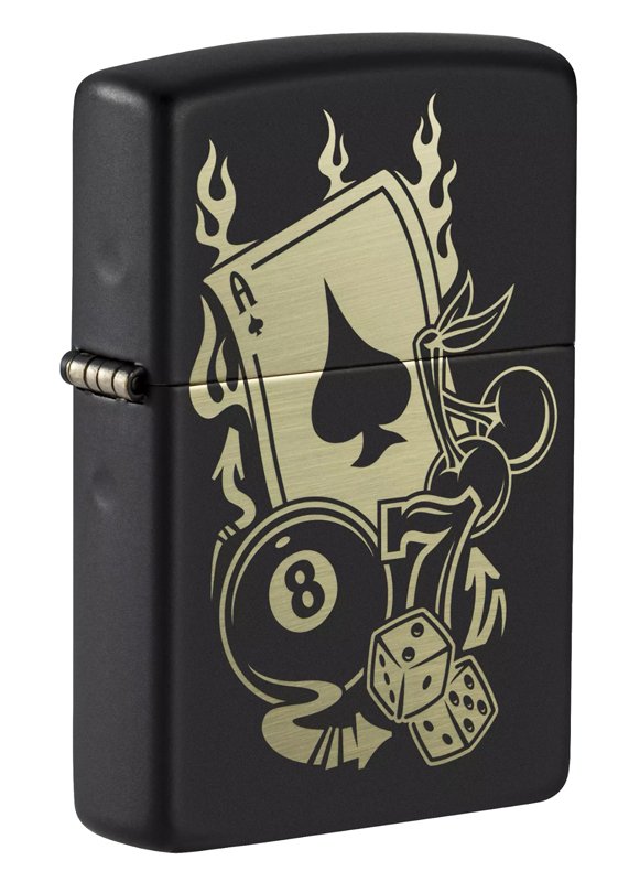 Зажигалка ZIPPO Gambling Design с покрытием Black Matte, латунь/сталь, чёрная, матовая, 36x12x56 мм