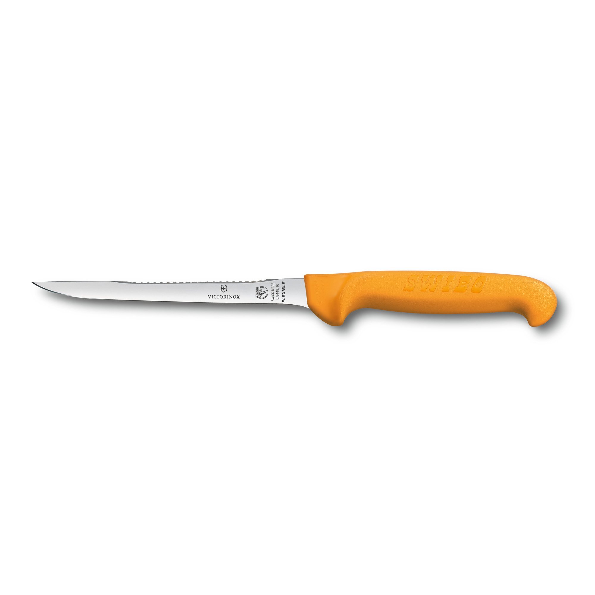 Нож для филеровки рыбы VICTORINOX Swibo, узкое гибкое лезвие 16 см с рыбочисткой, жёлтый