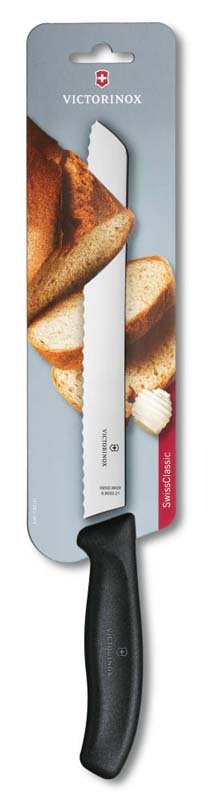 Нож для хлеба VICTORINOX SwissClassic, лезвие 21 см с волнистой заточкой, чёрный, в блистере